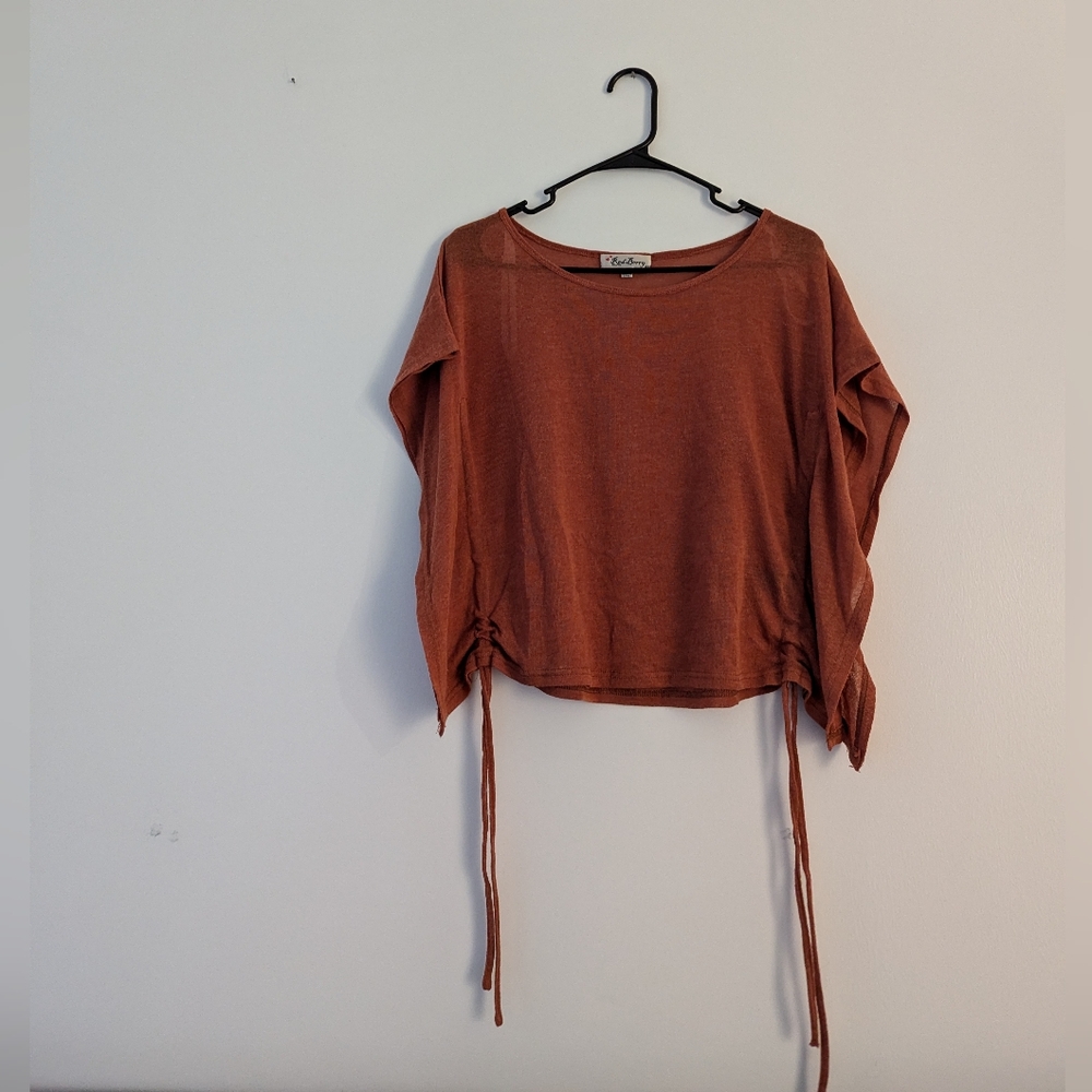 Red Berry Rust Sheer Thin-Knit Top w/ Ruched Sides & Draped Sleeves – M/L